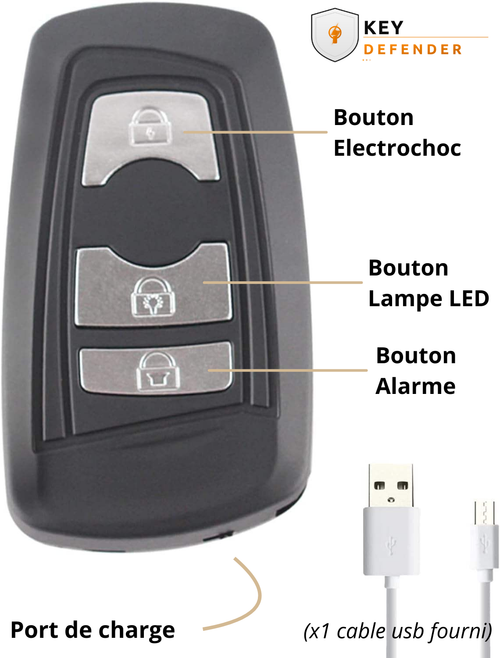 Clé Anti-Agression électrique (Lampe, Électrochoc, Alarme)